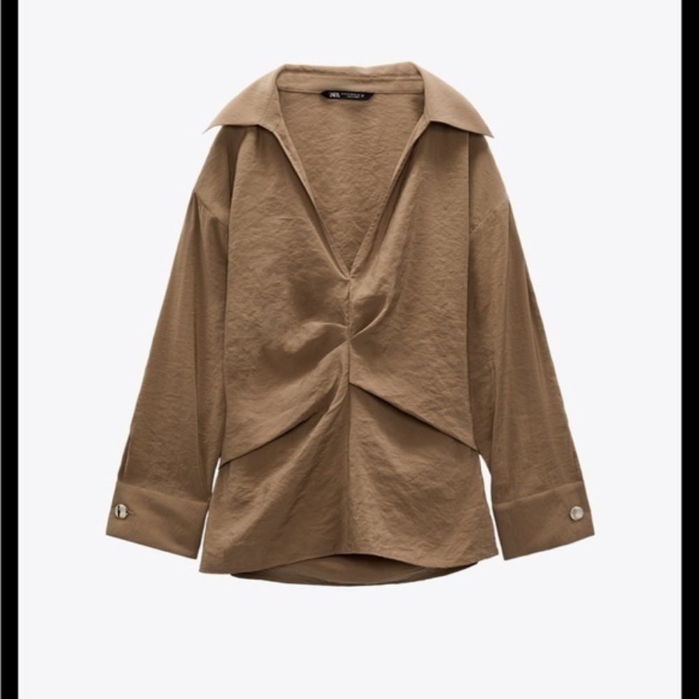 New Zara | Light Brown Front Gathered Blouse Shirt Size Small